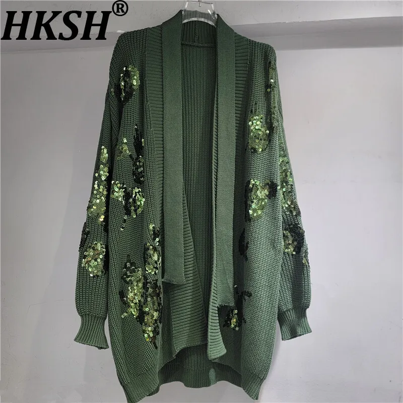 

HKSH Autumn New Women Cardigan Sweater Heavy Craft Sequins Long Sleeve Knitted Casual Elegant Stylish Tide Chic Long Coat HK8993
