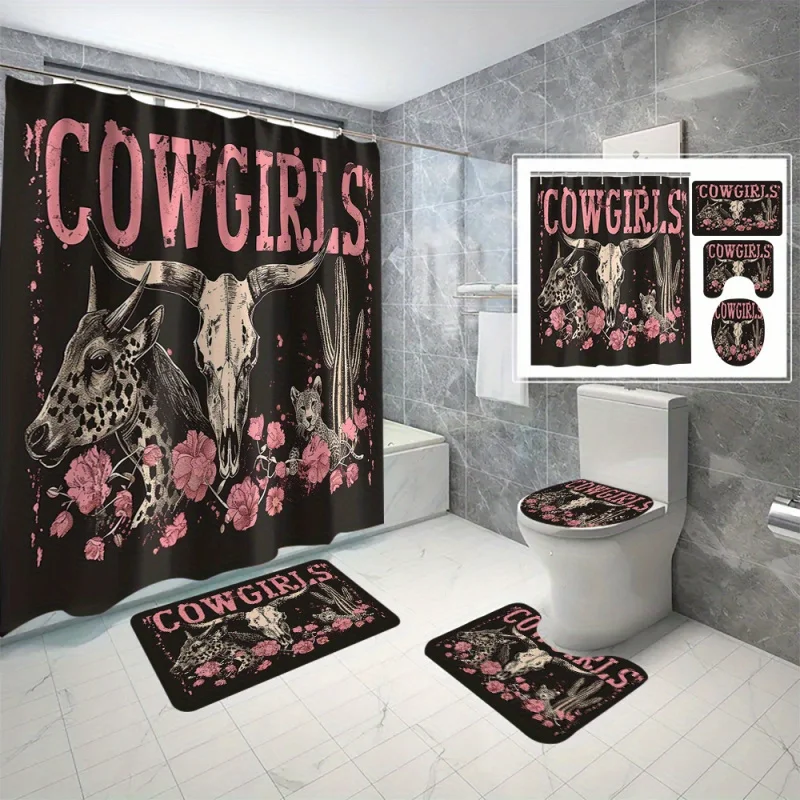 4pcs Cowgirls Printed Shower Set With 12 Hooks, Decorative Partition Curtain, Toilet Cover , Bathroom Non-slip Mat, U