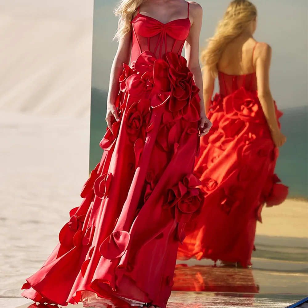 Maßgeschneidertes, modisches, trägerloses Jersey-Spaghettiträger, ärmelloses, gerades Abendkleid, Falten, Blumen, einfarbig, bodenlang