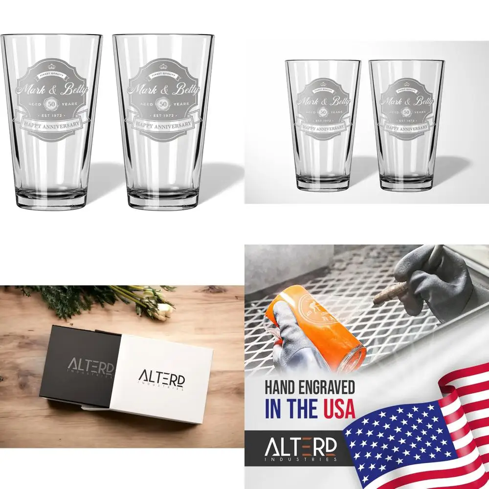 

50th Anniversary Engraved Beer Pint Glasses Set for Couples - Personalized Vintage Wedding Gift | Long-lasting Love