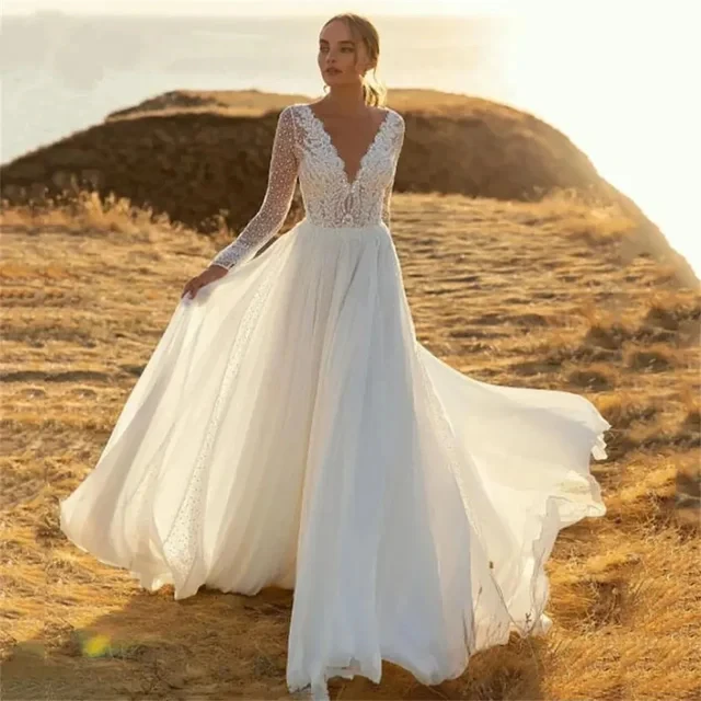 LISER Bling Beach V-Neck Wedding Dress For Women Long Sleeves Bridal Gown Tulle  Open Back Sweep Train