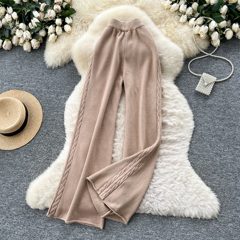 กางเกงถักเอวสูงทรงขาบาน สไตล์เกาหลี แฟชั่นวินเทจสุดหรู เสื้อผ้าสตรีทแวร์ สำหรับฤดูใบไม้ร่วงและฤดูหนาว