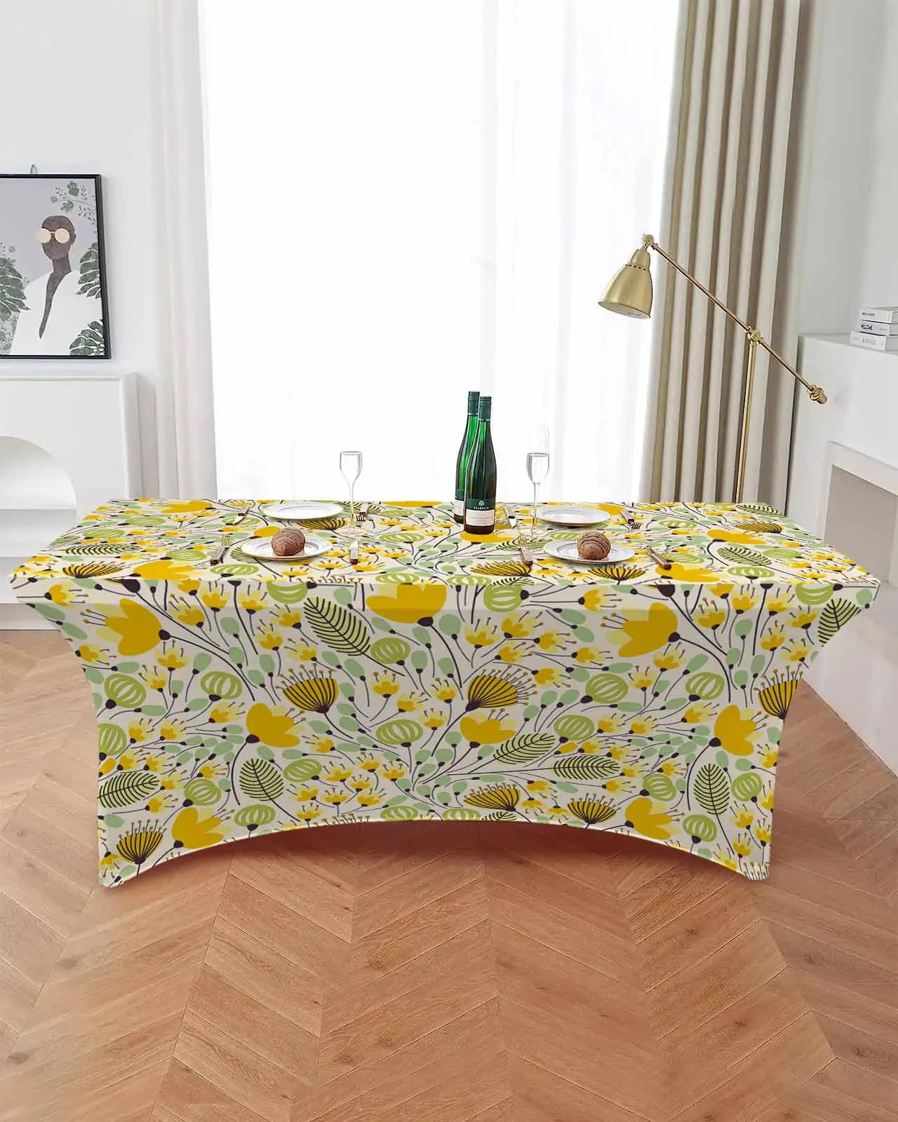 Yellow Geometric Floral Texture Elastic Table Skirt Wedding Birthday Table Decoration Table Skirt Tablecloth for Party