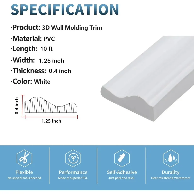 Guarnição de moldagem de parede flexível, tira de afiação de parede 3D de casca e colagem de 1,25 polegadas, borda de teto de moldagem de coroa autoadesiva (10 pés)