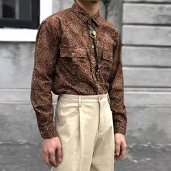American Vintage Shirts Autumn New Men Lapel Print Pocket Single Breasted Streetwear Fashion Office Social Long Sleeve Slim Tops