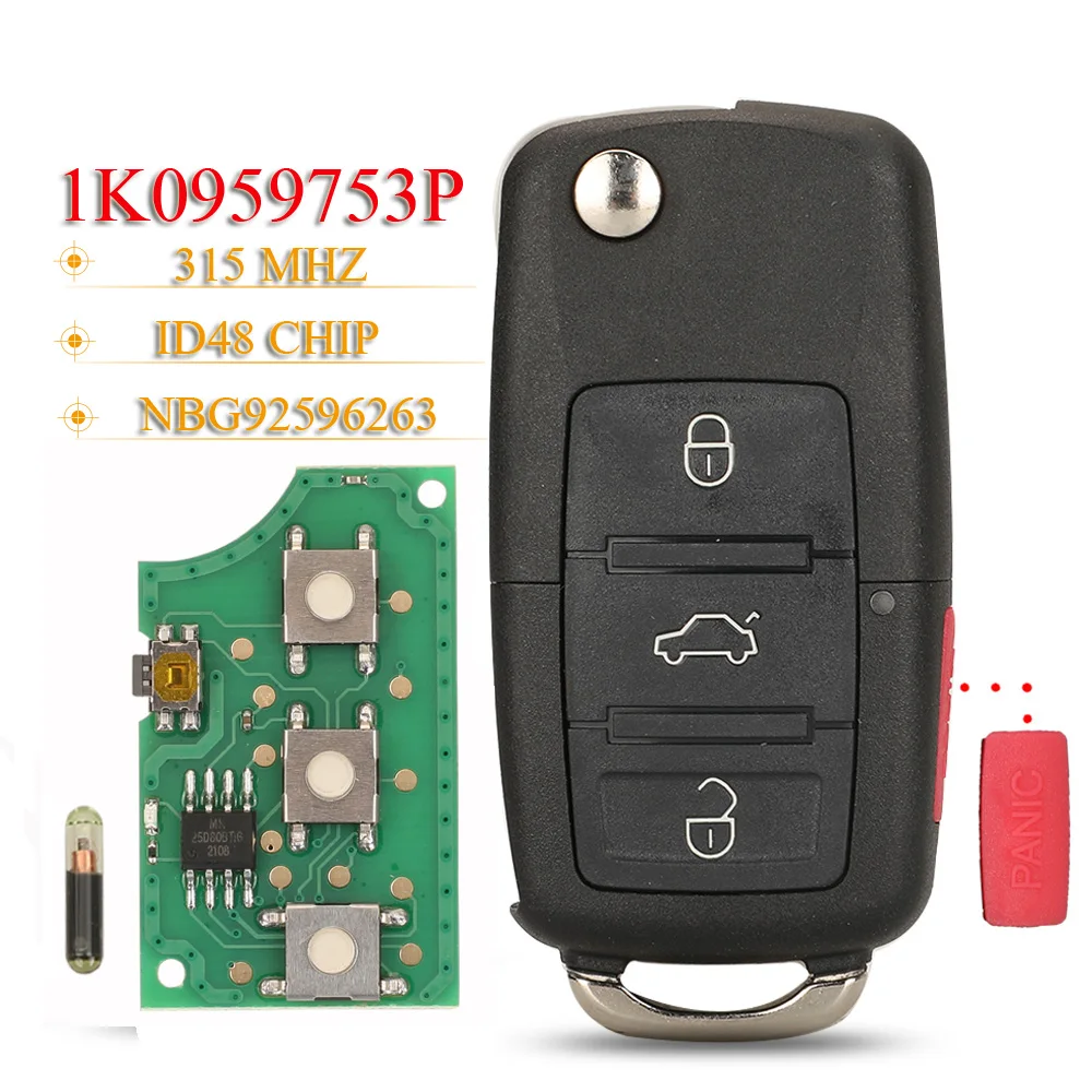 

jingyuqin 1K0959753P Smart Remote Car Key Fob 315Mhz ID48 For VW Rabbit Jetta CC Golf Eos GTI R32 NBG92596263 1K0 959 753 P