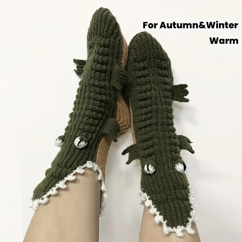 Unisex Christmas Large Eye Crocodile Socks Autumn and Winter Warm Neutral Knitted Floor Christmas Cartoon Home Slipper