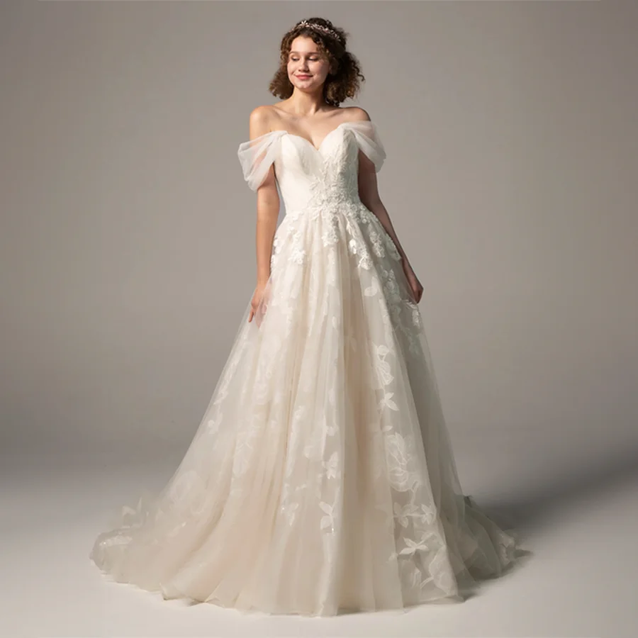 

Off-Shoulder Sweetheart Lace Appliques Cap Sleeve Wedding Dress A-Line Backless Lace Up Bridal Dress vestidos novias boda