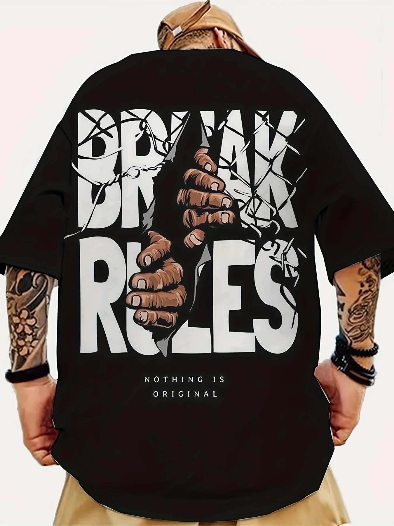 Men Oversized T-Shirt Break Rules Back Graphic Print Short Sleeve Tee Streetwear Hip Hop Casual Black Top Y2K Gothic Summer
