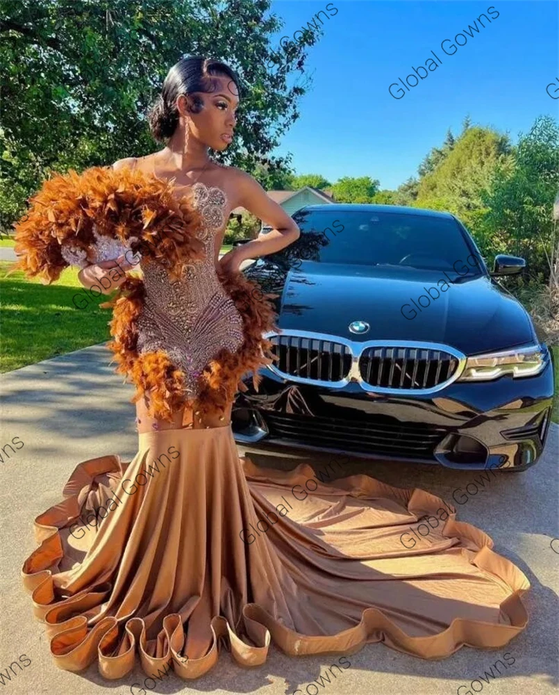 Brown Ostrich Feather Long Prom Dress for Black Girl Luxury Silver Bead Crystal Diamond African Birthday Party Gown Customized