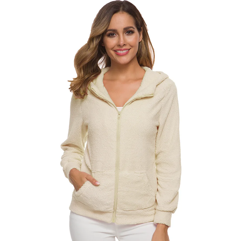 

Women's 2025 Autumn Winter European American Zipper Hooded Pocket Plush Top Solid Color Casual