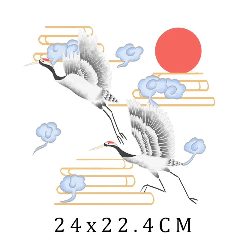 Chinese Style Crane Sunrise Iron On Patches For DIY Heat Transfer Clothes T-Shirt Thermal Stickers Decoration Printing