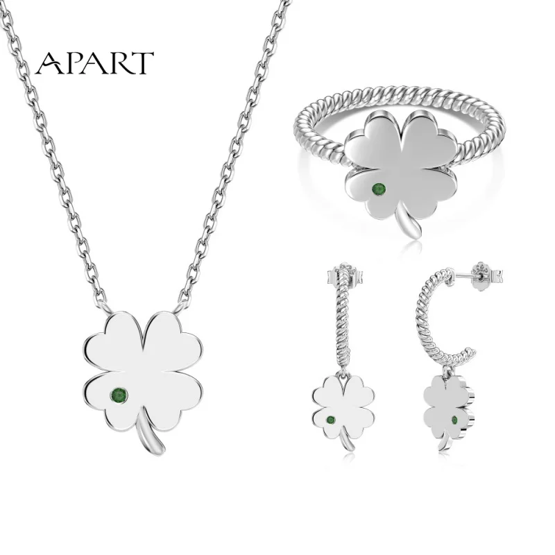 Xiaohongshu Hot SaleS925Sterling Silver Ring Necklace Ear Stud Female Four-Leaf Clover Shape Lucky Daily Ladies Three-Piece Set