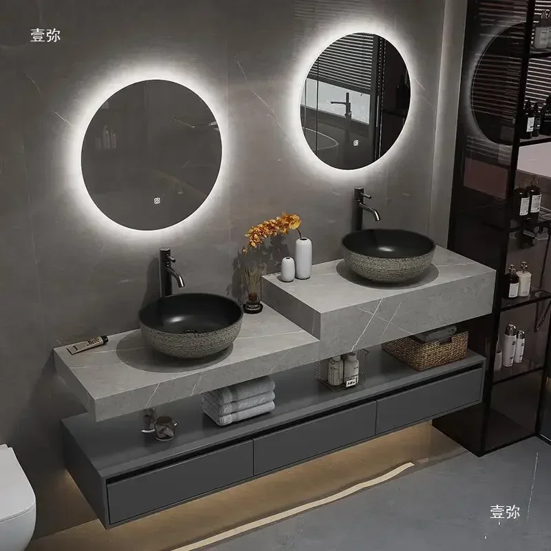 

Funky Simple Slate Bathroom Cabinet with Smart Mirror Double Washbasin Bathroom Vanity Cabinet Storage Gabinete Trendy Furniture