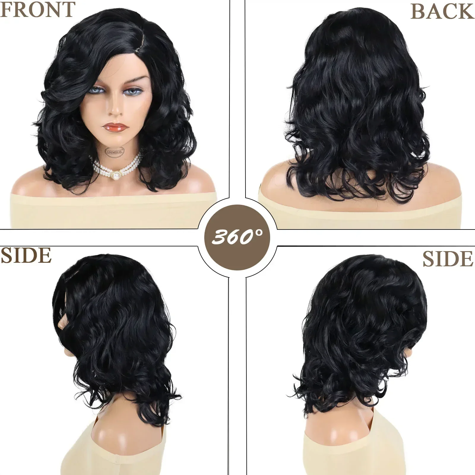 GNIMEGIL Synthetic Medium Wigs for Women Natural Black Hair Fluffy Curly Wig Side Parting Daily Cosplay Halloween Use Ladies Wig