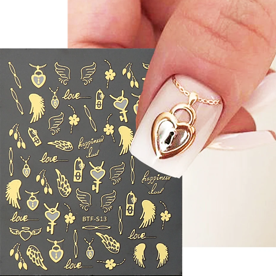 3D Valentine's Day Nail Sticker Gold Loving Heart Wing Abstract Line Design Decal Slider Self-adhensive Manicure Decor LEBTF-S13