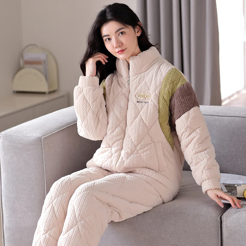 High Quality Three-layer Clip Cotton Pajamas Set Women Flannel Quilted Sleepwear Female Warm Pijamas Mujer