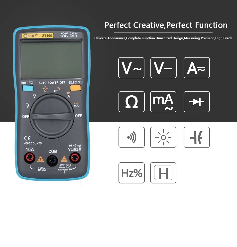 BSIDE Digital Multimeter 4000 Counts DC/AC Voltage Current Capacitance Hz Diode Ohm Tester Ammeter Voltmeter Backlight