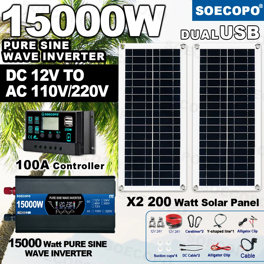 

SOECOPO 15000W Solar System Kit - Pure Sine Inverter 12V To 110V 220V 2*300W Panels 100A Controller for Home Balcony Power Plant
