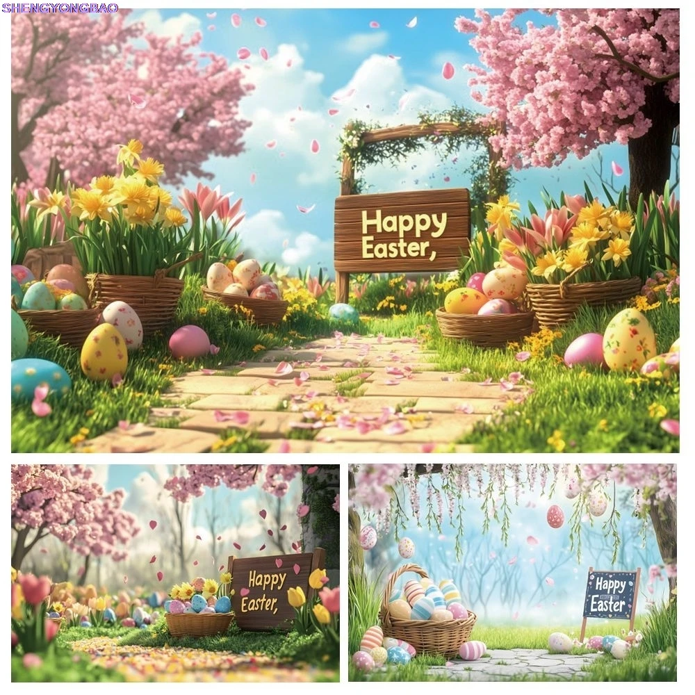 

Happy Easter Backdrop for Photography Flowers Colorful Eggs Spring Birthday Party Children Portrait Photo Background Photostudio