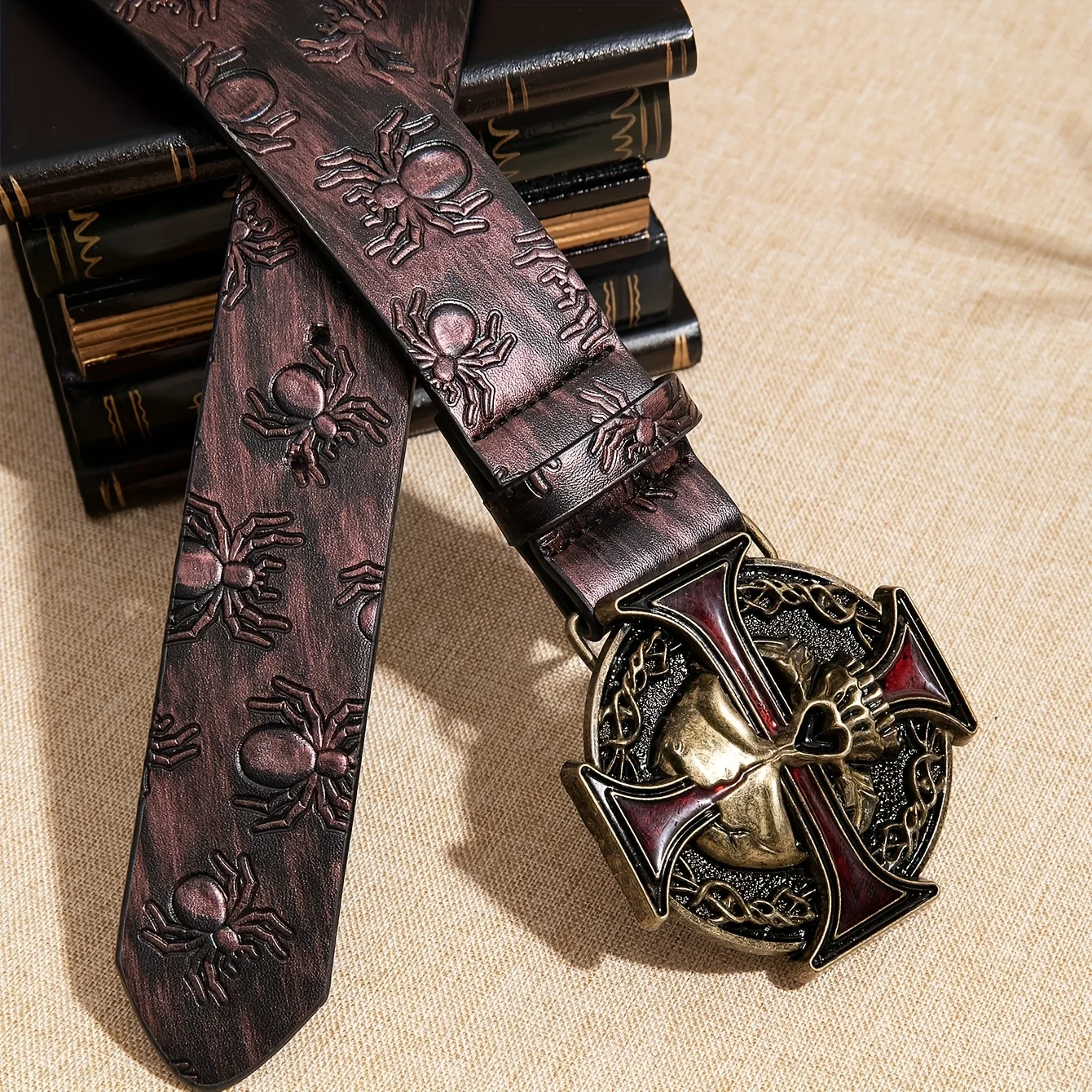 Men's coffee-colored retro dark style Y2K punk cross skull metal buckle spider pattern embossed belt, autumn and winter party ev view 5