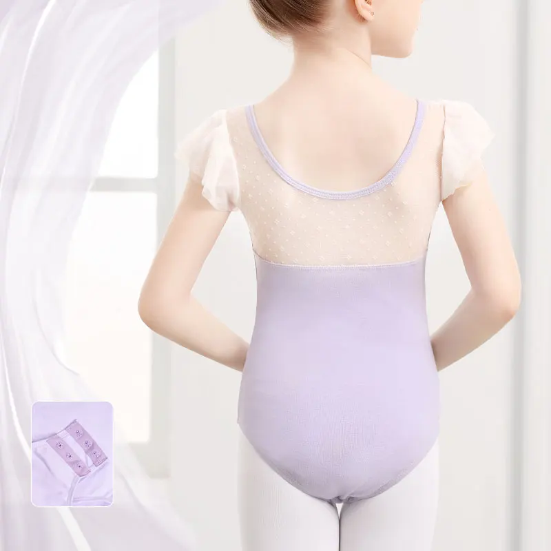 Girls Ballet Leotards Ruffle Sleeves Dance Leotard for Kids Flocked Splice Ballet Dance Bodysuit Child Gymnastic Leotards