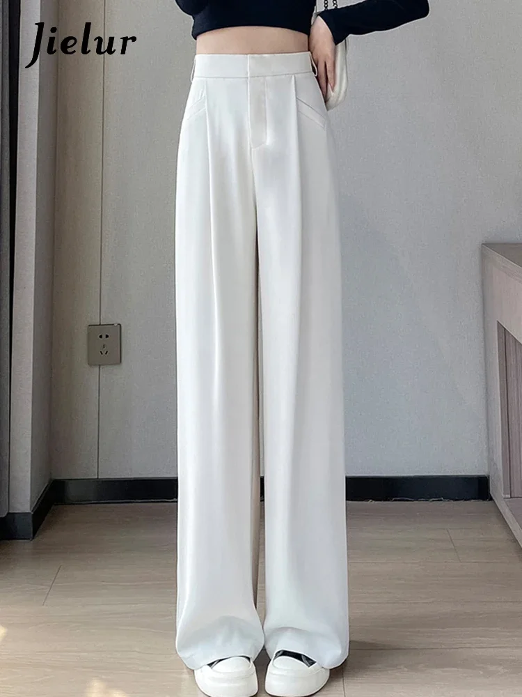 

Jielur Casual Full Length Female Suit Pants High Waist Straight Chic Pocket Fashion Office Lady Solid Color Women Wide Leg Pants