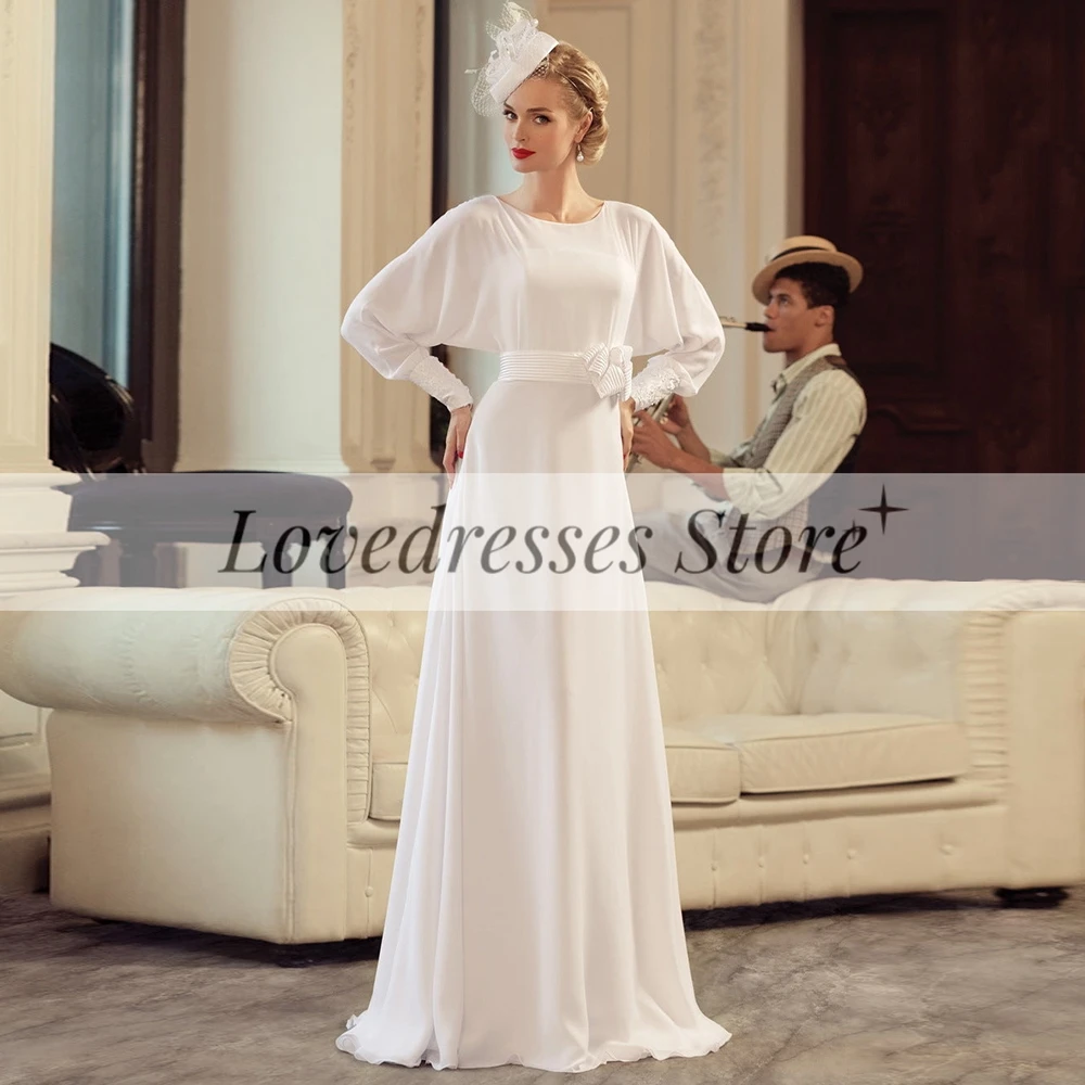 Personalizado Weilinsha Simple blanco puro manga larga A-Line vestidos de novia para novias cuello redondo botón trasero Jersey vestido de novia con