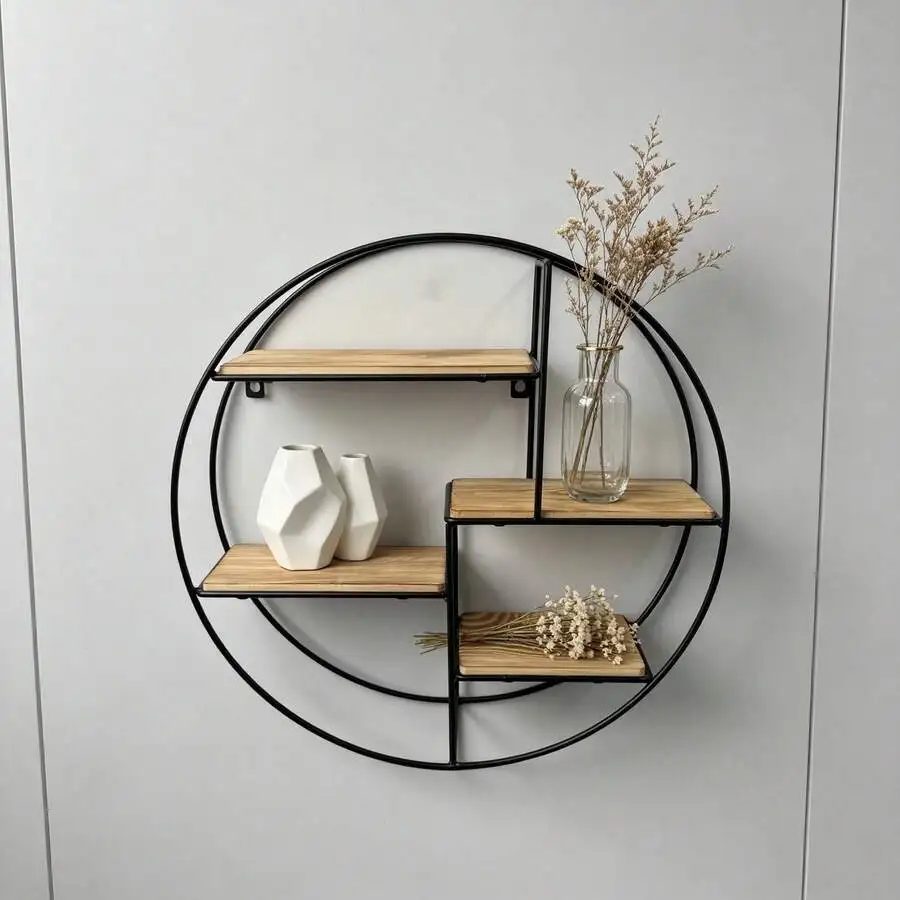 Modern Round Floating Shelves For Wall Mounted Decor, Black Circle Metal Wire And Wood Geometric Wall Shelf, 4 Tier Plant And Cr
