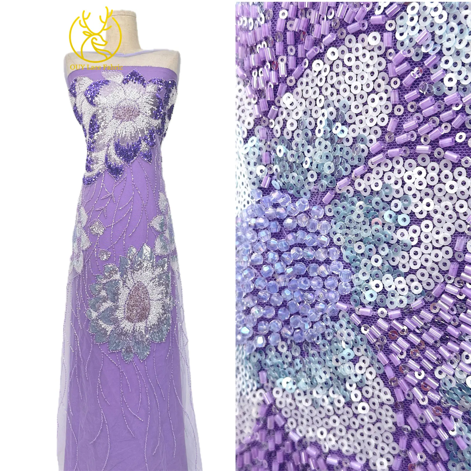 2026 Afrikanischer Bräutigam Bestickter Perlen-Spitzenstoff Modisches Design Französische Pailletten-Spitze Brautkleid Nähmaterial 5 Yards – Detail 7