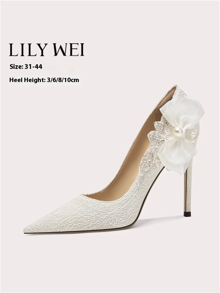 

Свадебные туфли на тонком высоком каблуке на низком каблуке, новые весенние женские туфли с мелкой сеткой и жемчугом, стразами и бантом, большие размеры, маленькие размеры
