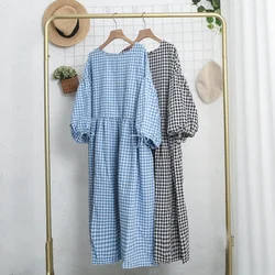 Elegant Dresses For Women 100% Cotton Plaid Casual Summer Loose Puff Sleeve Birthday Party Dress For Female Long Maxi Dress