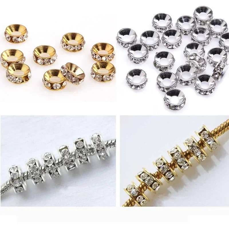 20pcs Metal Rondelle Rhinestone Crystal Spacer Beads 10mm Big Hole European Charms Fit DIY Bracelet Jewelry