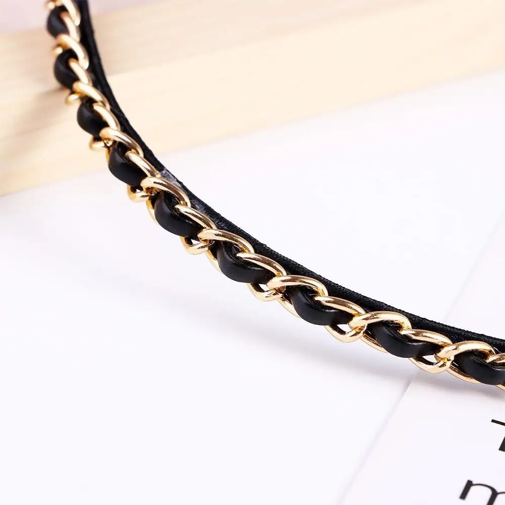 Simple Punk Black Metal Chains Headwear PU Leather Women Hair Band Hair Accessories PU Chains Headband Korean Hair Hoop