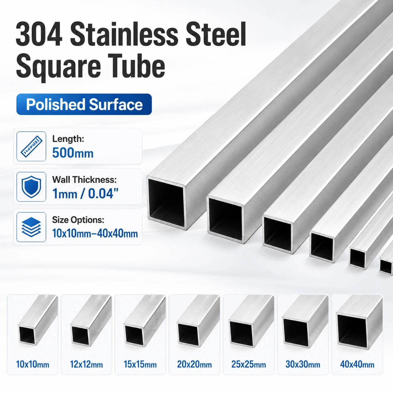 1-2pc 500mm 304 Stainlesss Steel Square Pipe, High Strength Hollow Rectangular Tube 10-40mm for Industrial Fabrication