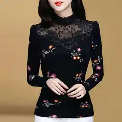 Fashion Printed Spliced Lace Hollow Out Blouses Women's Clothing Autumn Winter All-match Tops Office Lady Shirts