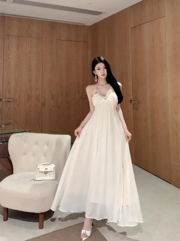 

French White Patchwork Sexy Club Slip Long Dress Women 2024 Summer V Neck High Waist Backless Birthday Party Evening Dress Retro