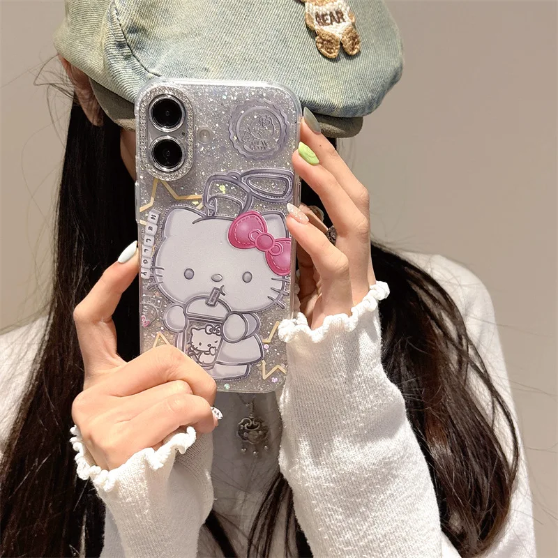 Cartoon Hello Kittys invisible bracket lanyard iPhone16 lanyard for women suitable for Apple 15PRO mobile phone case silicone