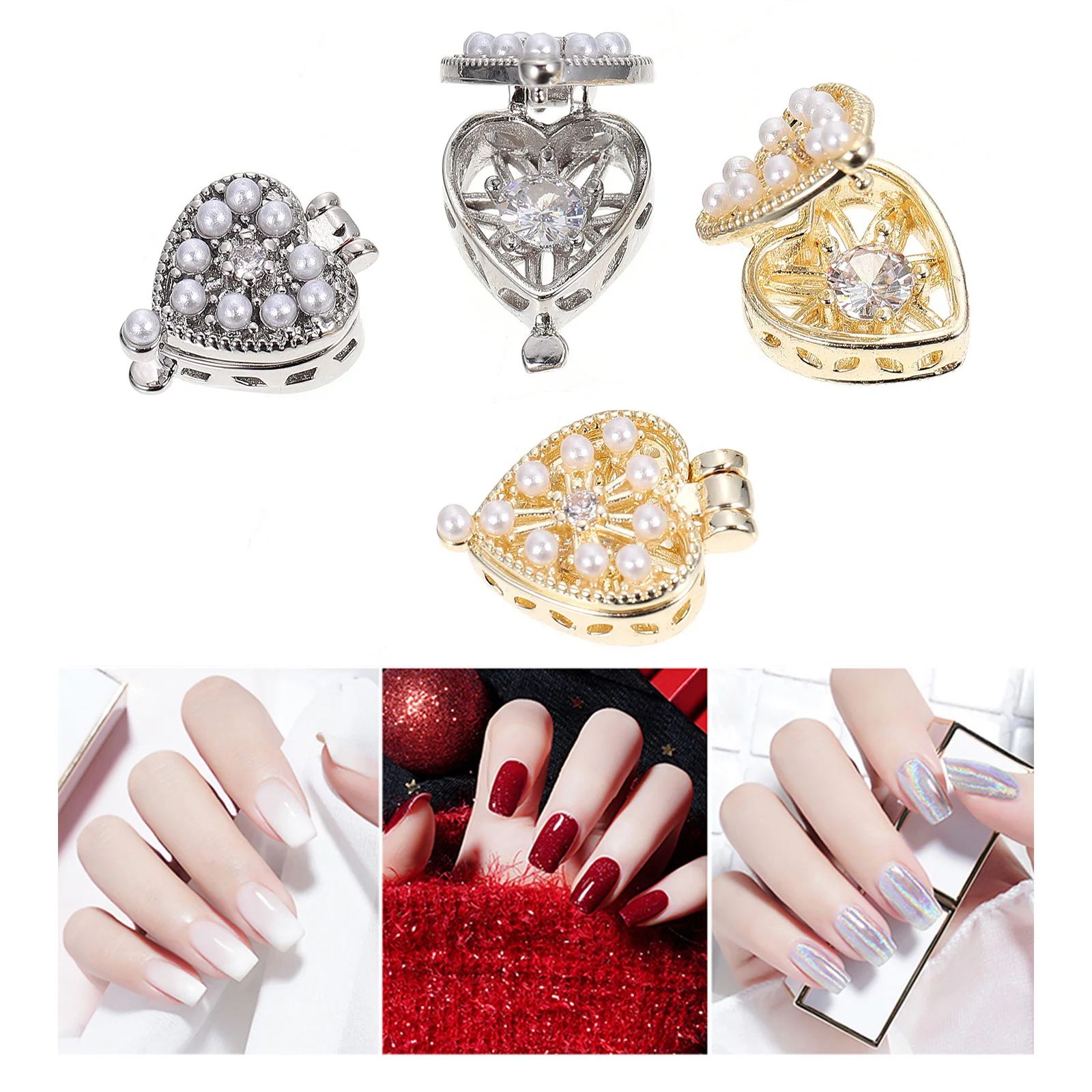 Boîte en forme de cœur pour Nail Art, 4 pièces, patchs de manucure créatifs en Zircon, breloques uniques en forme d'amour, adaptées aux fêtes de mariage