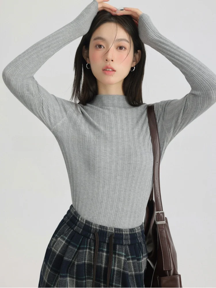 المرأة سليم صالح اللون سترة f عالية الياقة قاعدة مرنة irt ملابس داخلية تي شيرت طويل Sve الخريف الشتاء Faion #4