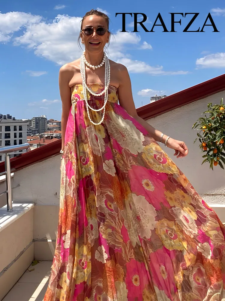 

TRAFZA Women Summer Fashion Strapless Off-Shoulder Print Long Dress Female Elegant Sexy Zippered Sleeveless Ankle Length Dress