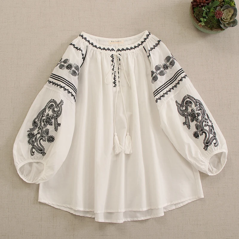 Mori Girl Ethnic Style Vintage Embroidery Lace Up Cotton Blouse Women Latern Sleeve O-neck Casual Loose Shirt Tops