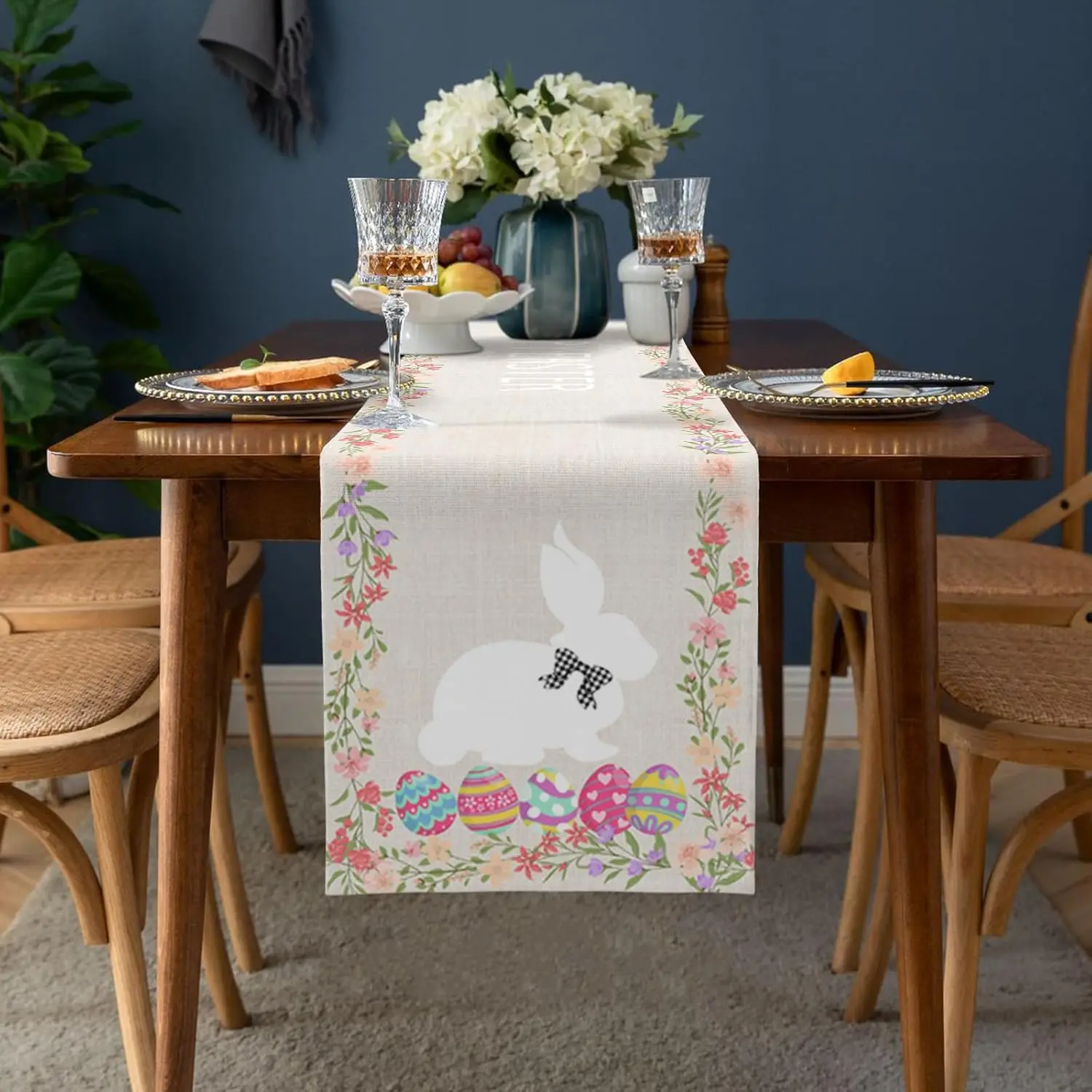 Easter Rabbit Bunny Silhouette Eggs Linen Table Runner Party Decor Spring Flower Kitchen Dining Table Runner Easter Decorations