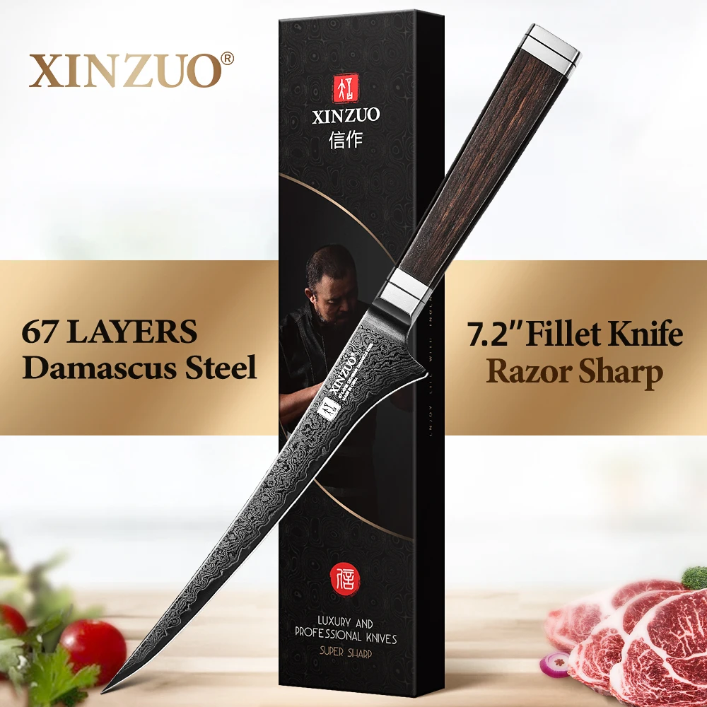 

Нож для филе XINZUO 7,2 дюйма, ручной работы, из дамасской стали (67 слоев), с прочной ручкой из эбенового дерева, для разделки рыбы и мяса.
