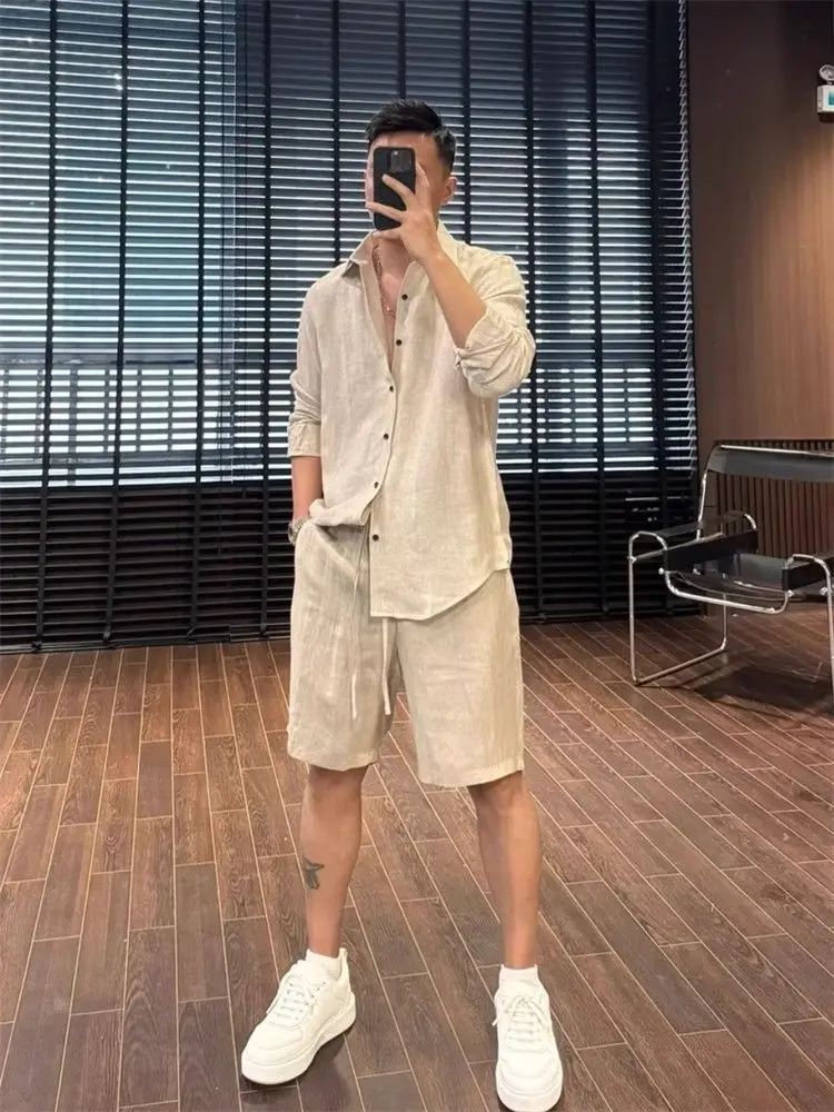 Oatmeal Linen Co-Ord Set Men Summer Minimalist Oversized Long Sleeve Shirt & Elastic Waist Shorts 2PCS Casual Linen Outfits