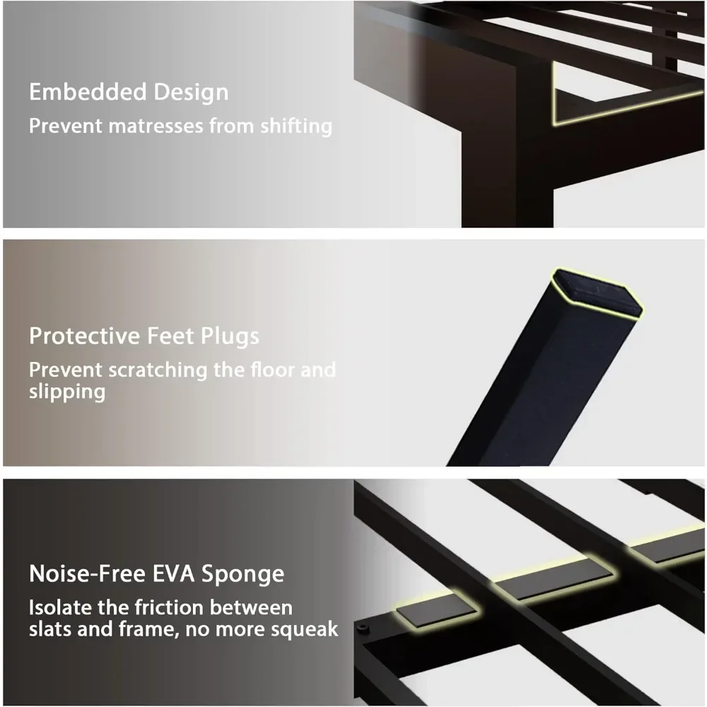 Metal Bed Frame with Faux Leather Button Tufted Headboard, Storage, No Box Spring Needed, Noise Free Bed Frame