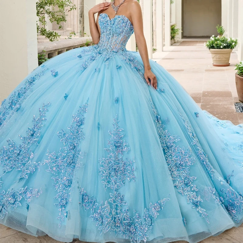 Небесно-голубое блестящее платье Quinceanera с открытыми плечами и аппликацией из кружева и бусин, тюлевое бальное платье для вечеринки, дня рождения, Sweet 16, Vestidos 15 De