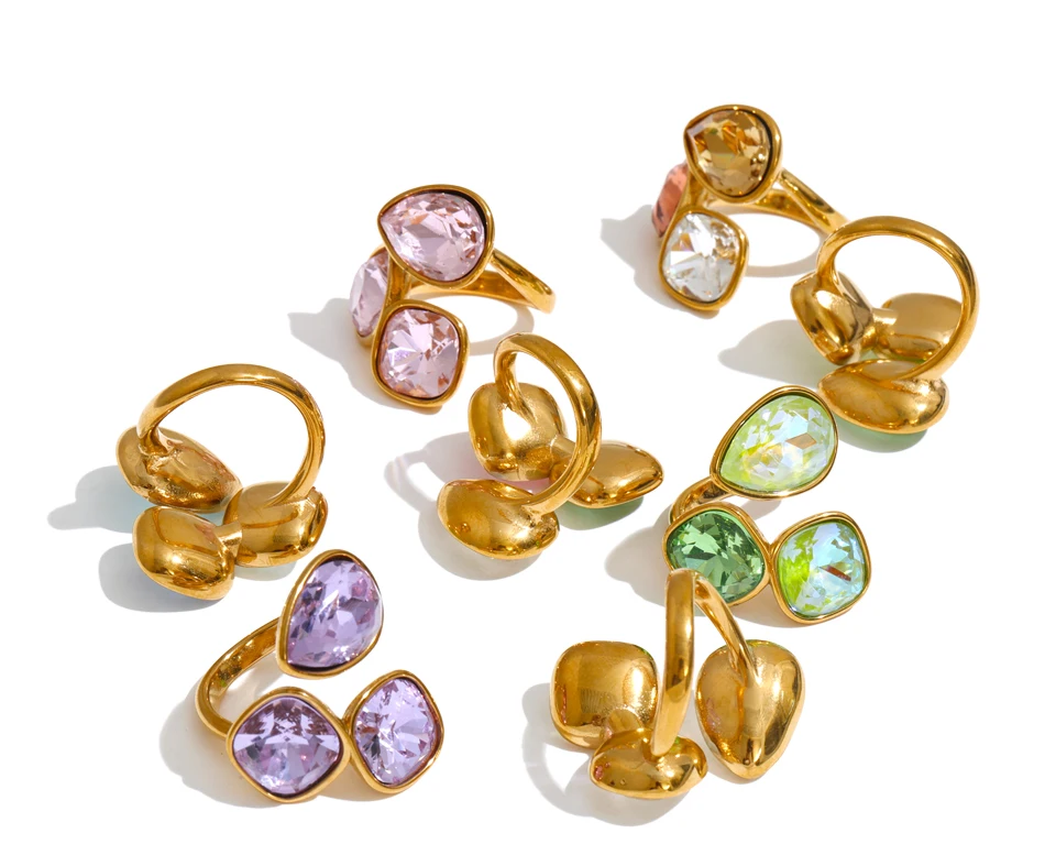 Yhpup 2026 Mehrfarbiger K9-Kristall-Quadrat-Ring für Damen, verstellbar, 18 Karat Goldfarbe, PVD-beschichtet, glänzender, exquisiter Schmuck – Detail 2