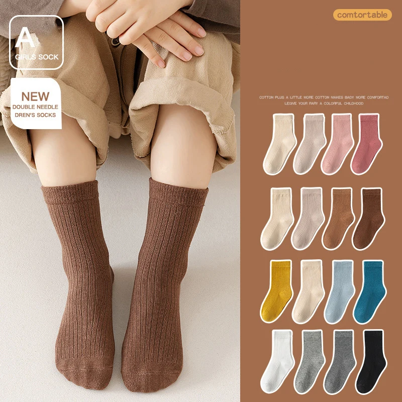 4Pairs Children Cotton Socks Solid Color Kids Mid Tube Sock 1-8Year Boy Girl Sweat-Absorbe Breathable Sports Socks Baby Footwear