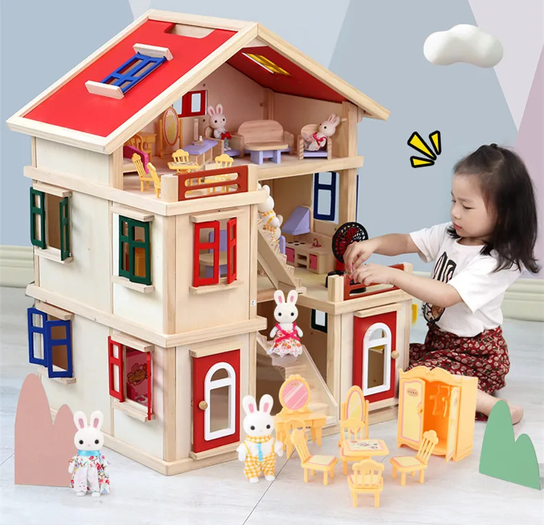 [Funny] Wooden simulation Three story luxury villa Kitchen dollhouse The Rabbit Family Play house toys for girl birthday gift